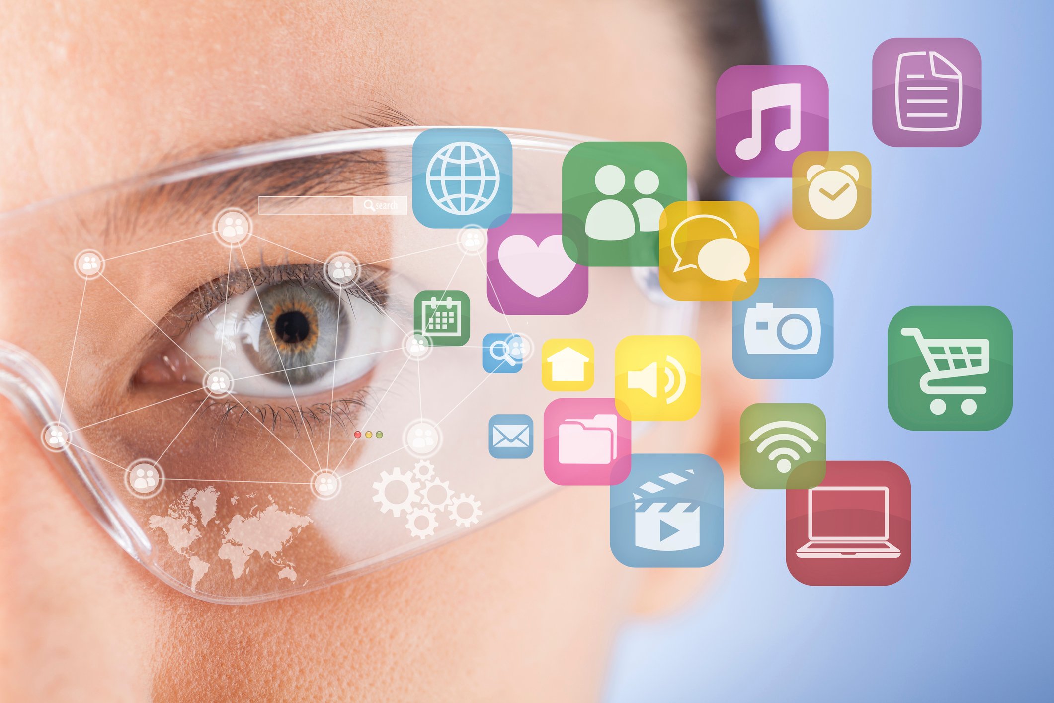 Person wearing AR glasses with various app icons projecting from them