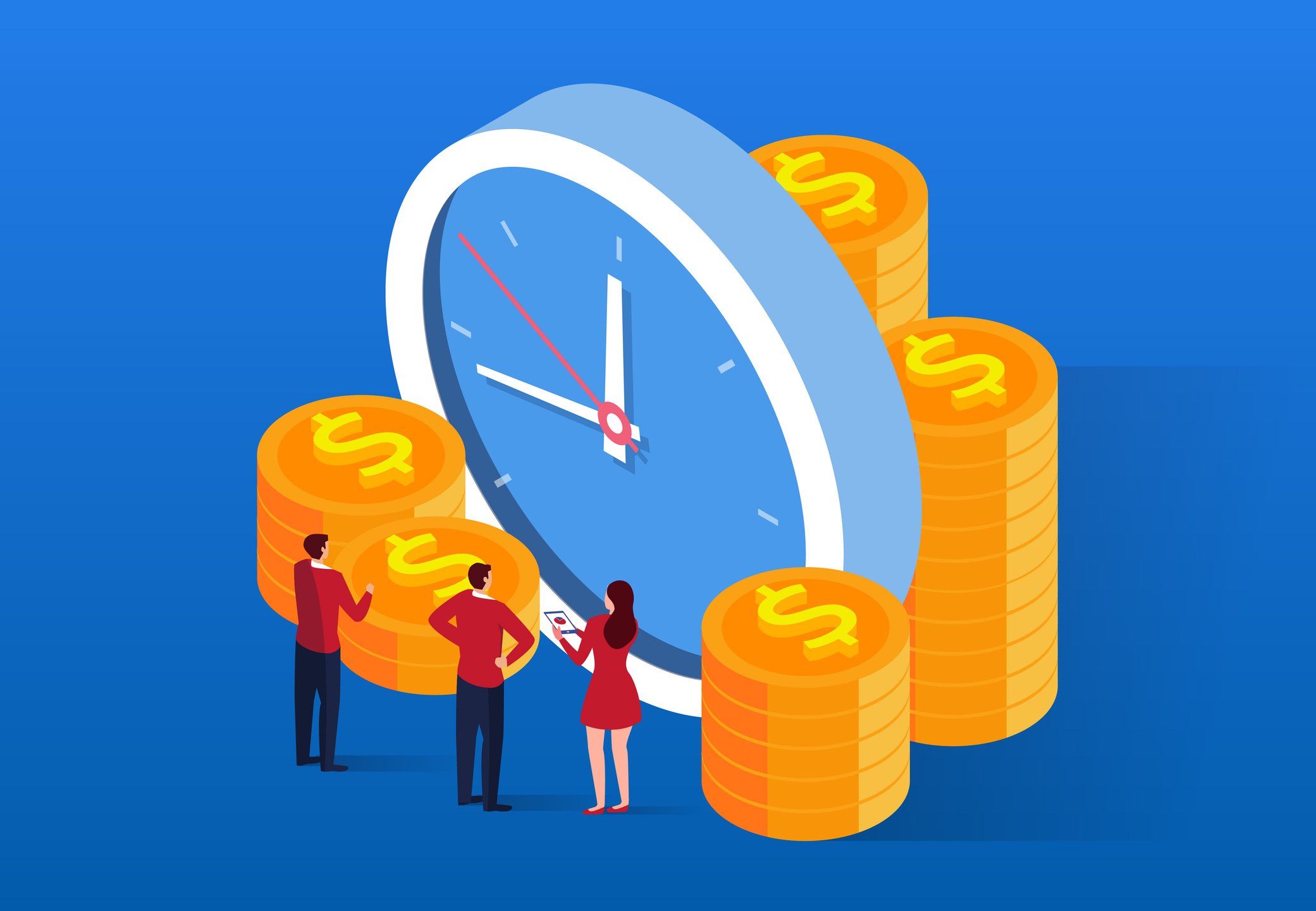 A graphic  of some people in front of gold coins and a clock.