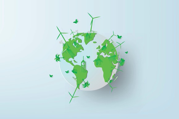 A cartoon globe with wind turbines and butterflies surrounding it.