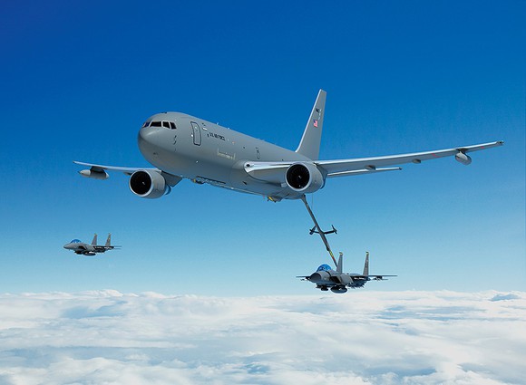 A rendering of a Boeing KC-46A tanker refueling another jet
