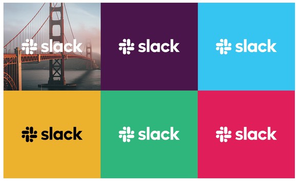 Six Slack logos with different colored backgrounds, along with picture of Golden Gate Bridge.