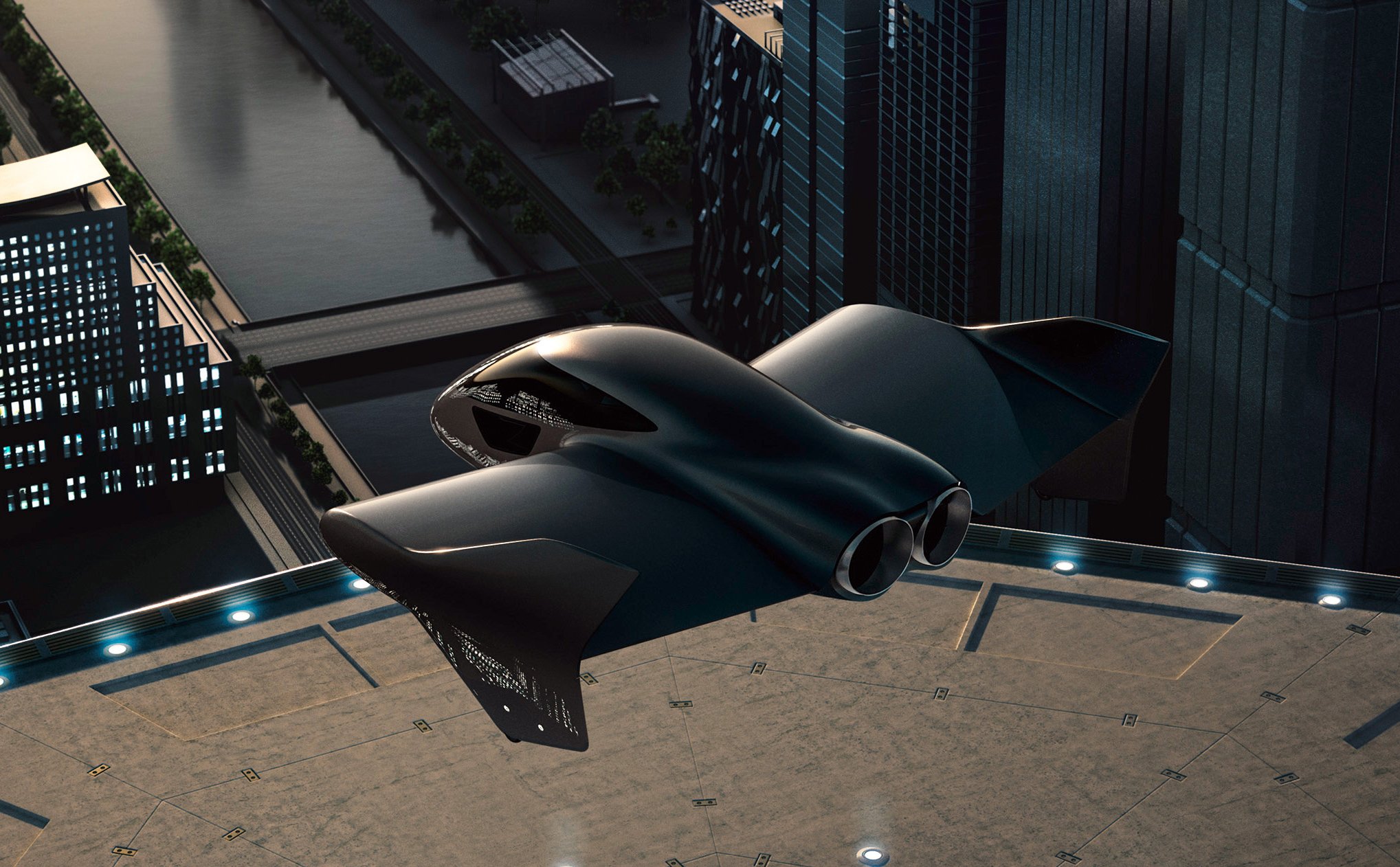 A futuristic passenger drone is shown hovering over a landing pad high above the ground in a city.