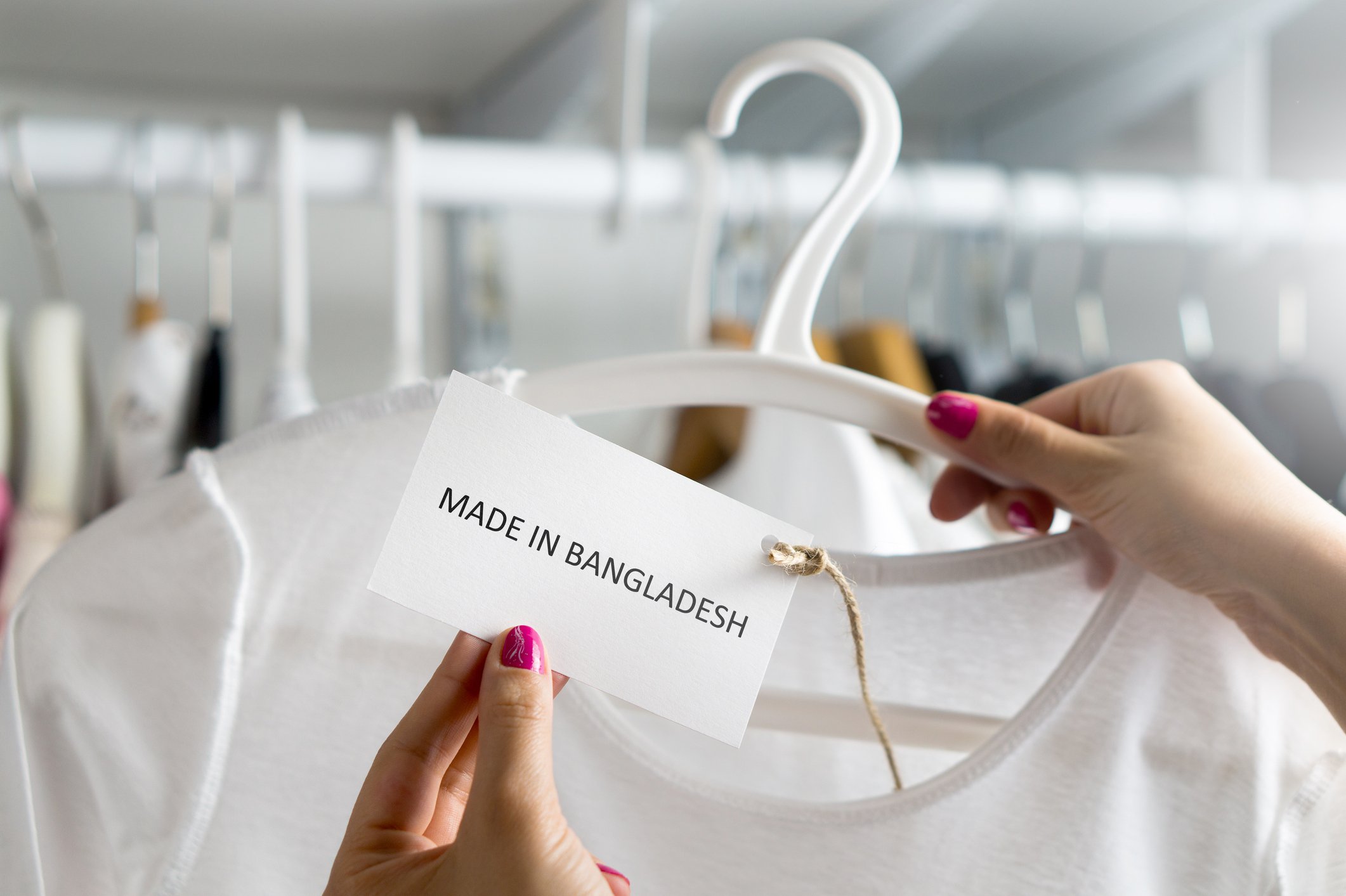 A shirt with a "Made in Bangladesh" tag.