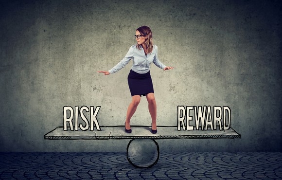 A young woman balances on a teeter board with the words risk and reward on either side. 