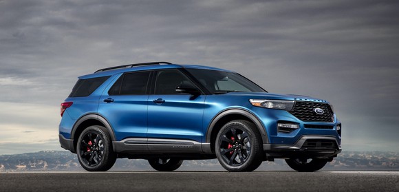 A blue 2020 Ford Explorer ST, a sporty seven-passenger crossover SUV