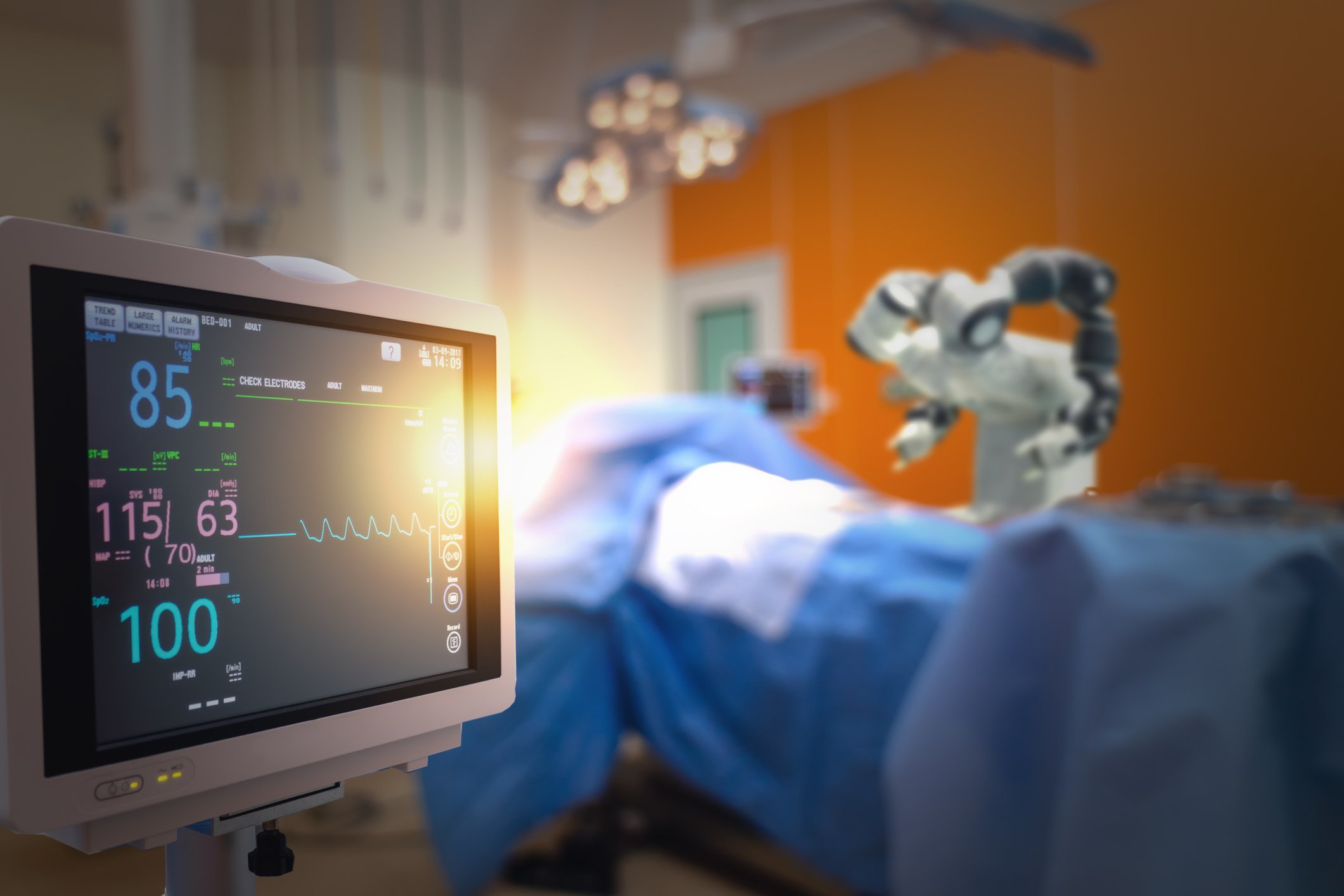 A surgical robot in a hospital operating room.