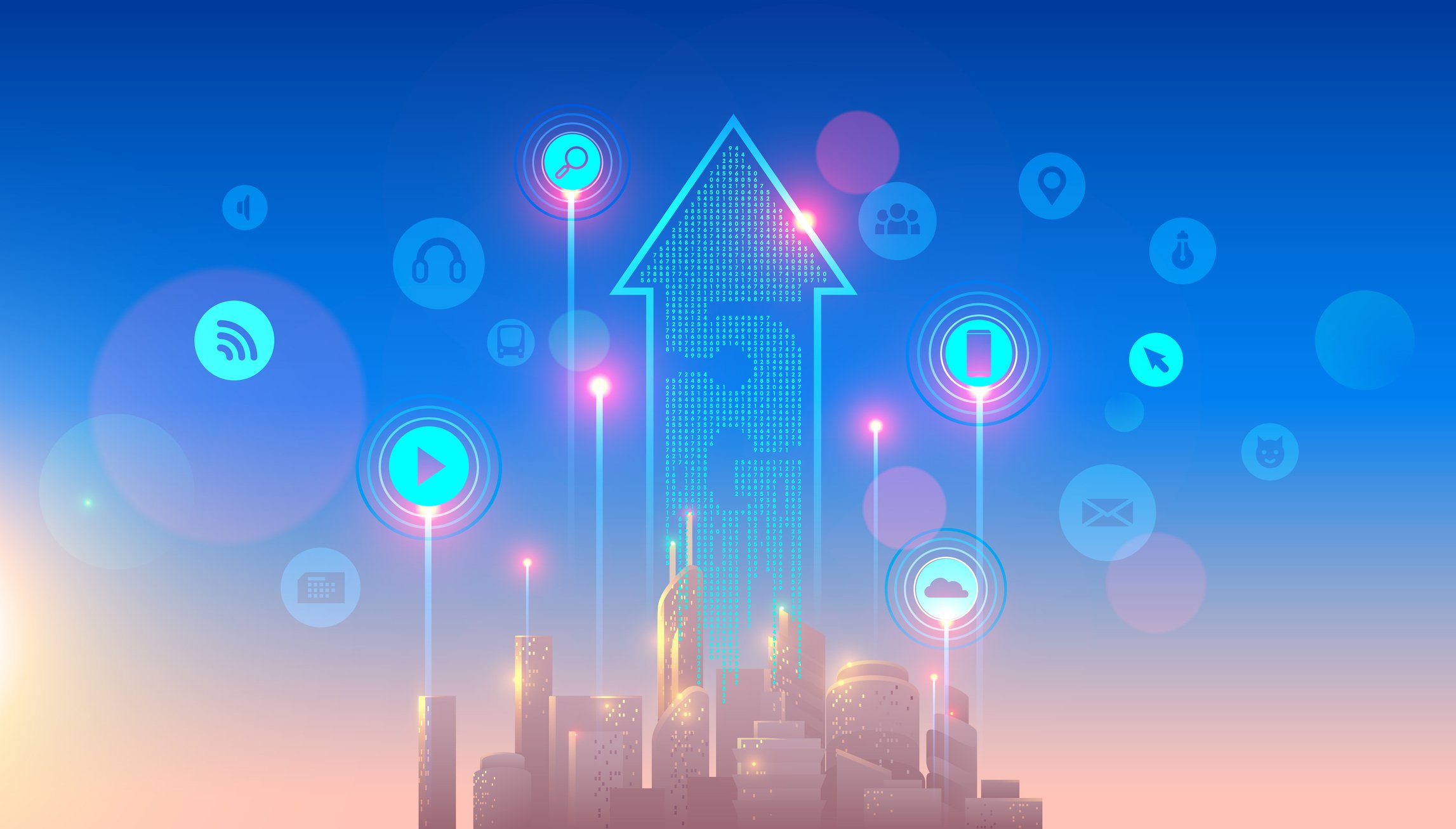 Rendering of a city with an arrow pointing to the sky emerging from skyscrapers and 5G written on it.