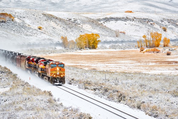A freight train in winter. 