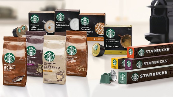 Several Nestle-distributed Starbucks products, including coffee in bags and cups.