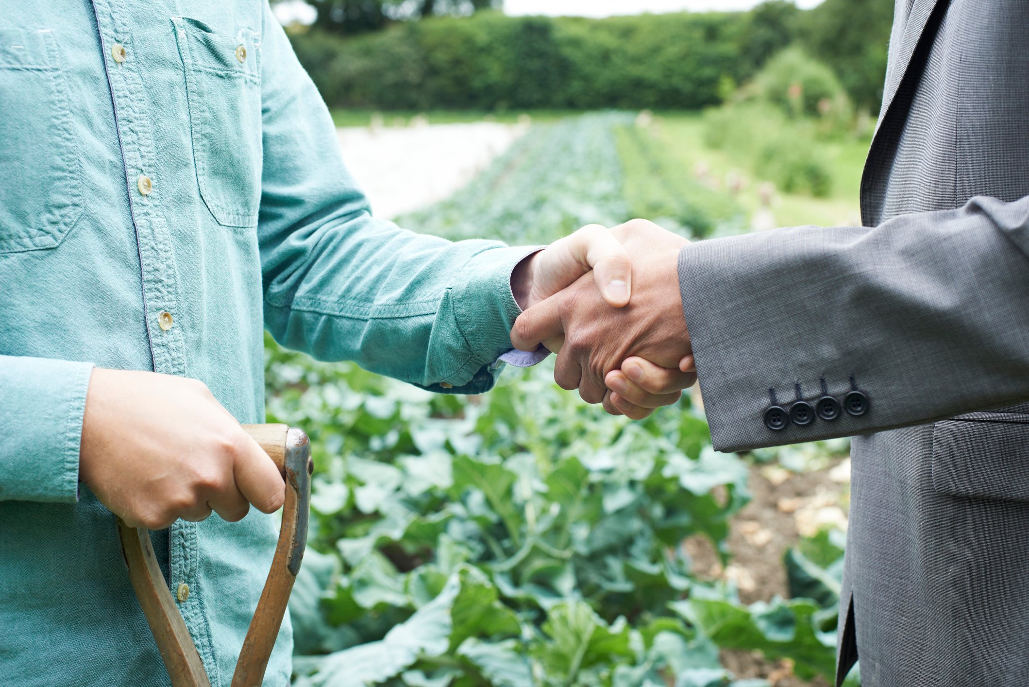 A man holding a shovel and a man in a suit shake hands in a field.