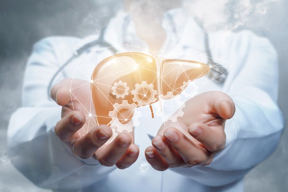 Doctor with liver and gears floating in hands