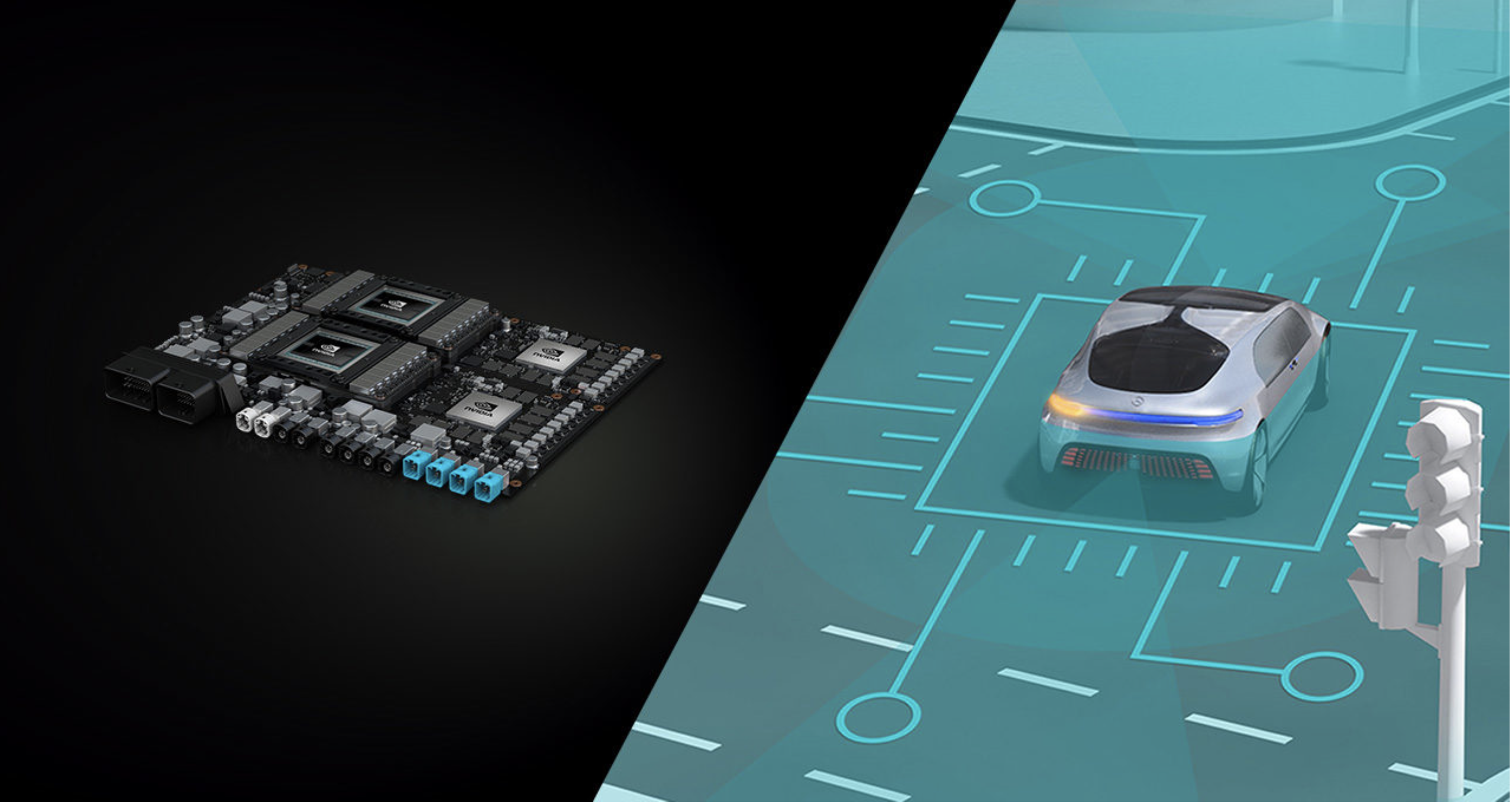 A computer chip on the left and a graphical image of a car in a parking lot on the right.