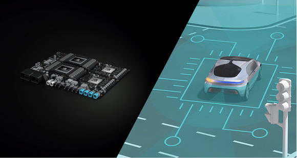 A computer chip on the left and a graphical image of a car in a parking lot on the right.