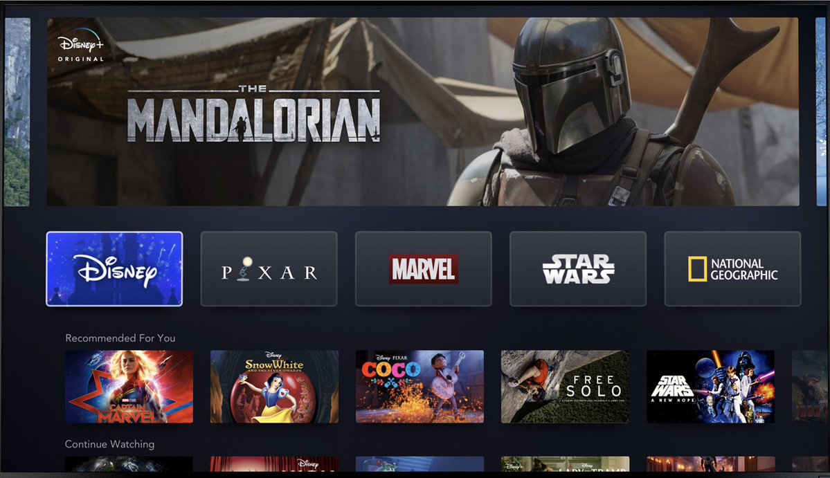 Home screen for Disney+ showing its category tabs for Disney, Pixar, Marvel, Star Wars, and National Geographic.