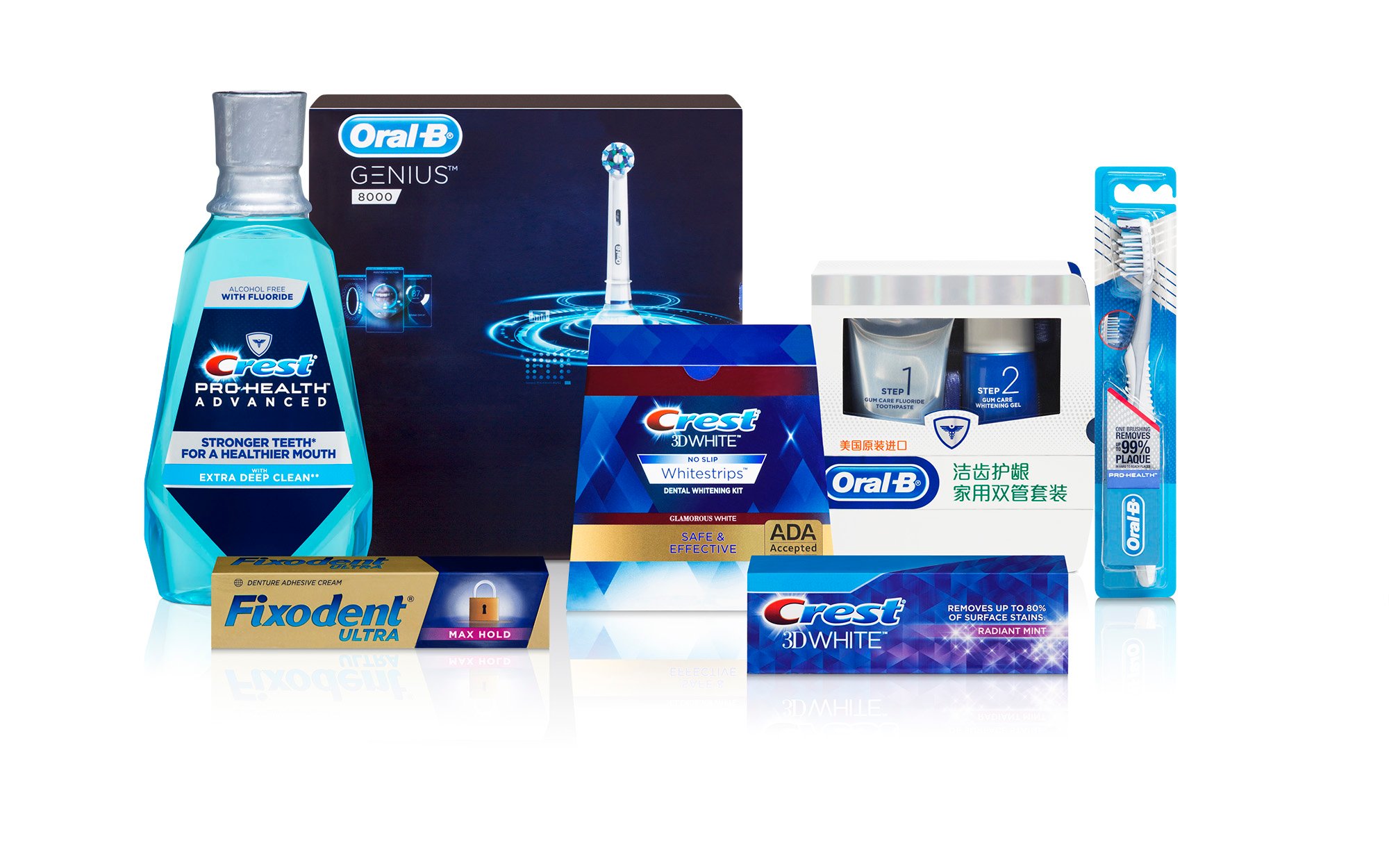 A range of oral care products from the Oral B and Crest brand family.
