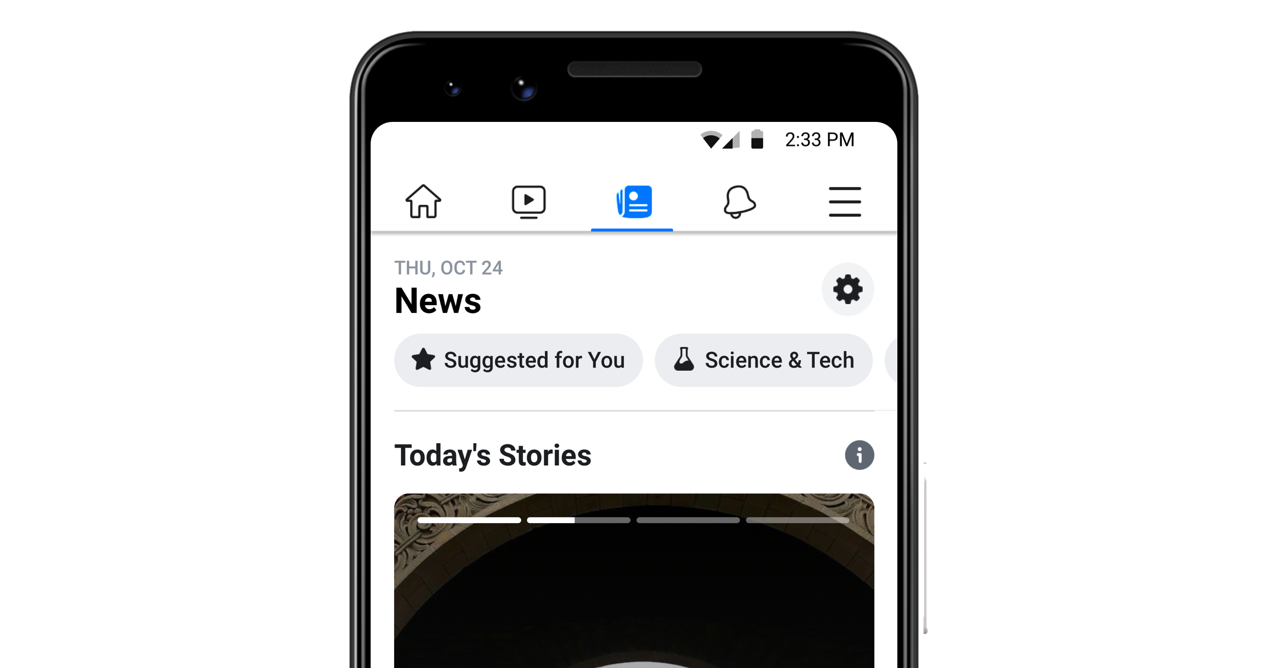 Facebook News tab displayed on a smartphone