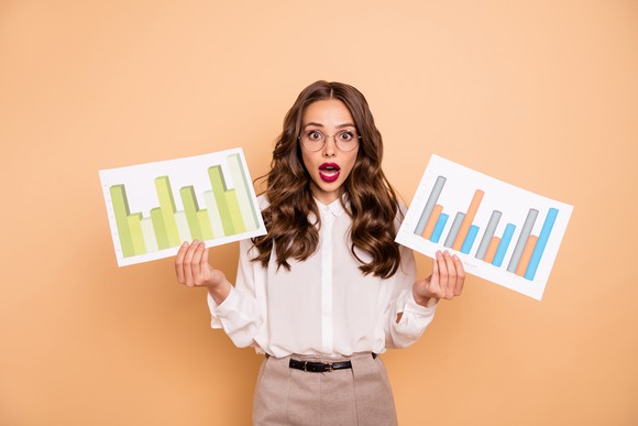 A young woman with glasses holds a paper with bar charts on in each hand. She has a surprised look on her face. 