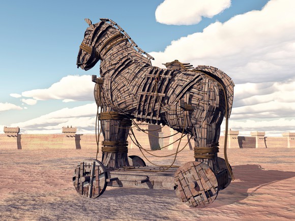 Trojan horse in an open field.