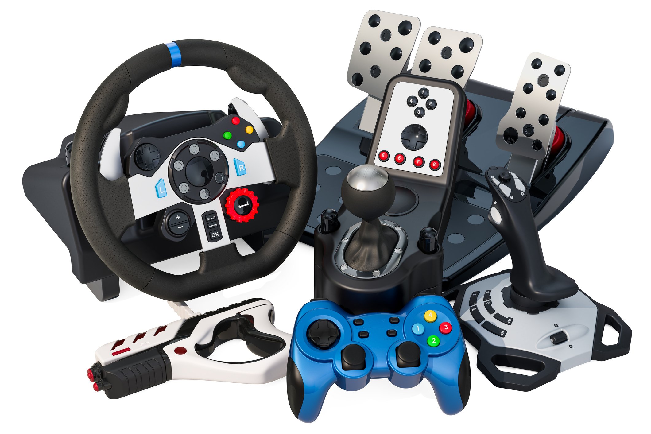 An assort of video game controllers and devices