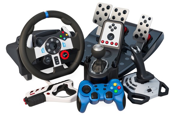 An assort of video game controllers and devices