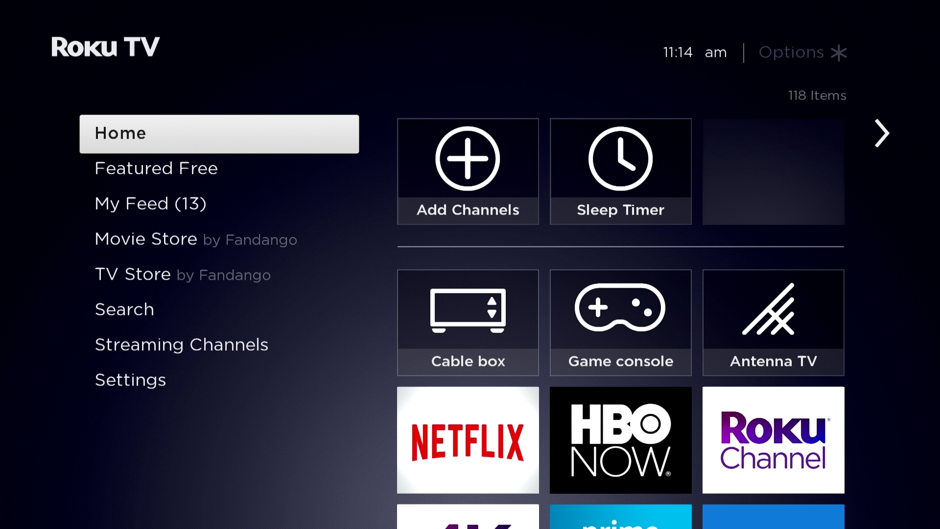 Roku TV showing shortcuts to a variety of streaming services.