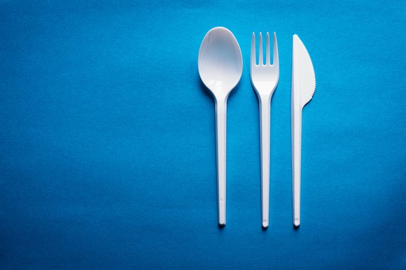 A plastic spoon, fork, and knife