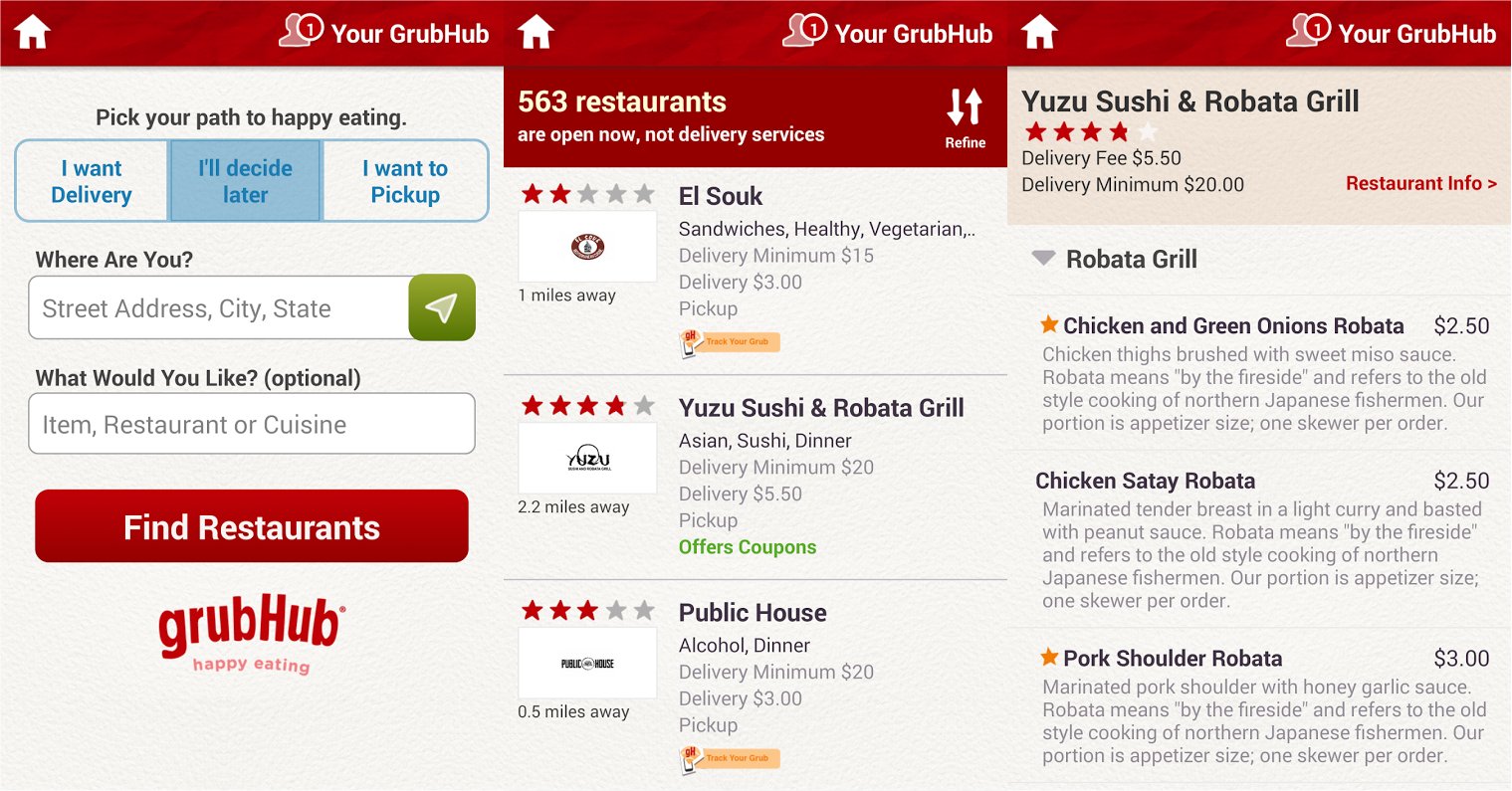 Screenshot showing Grubhub logo and available restaurant listings.