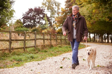 senior man walking dog_GettyImages-1065444444