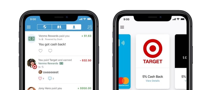 Two smartphones display screenshots of Venmo Rewards