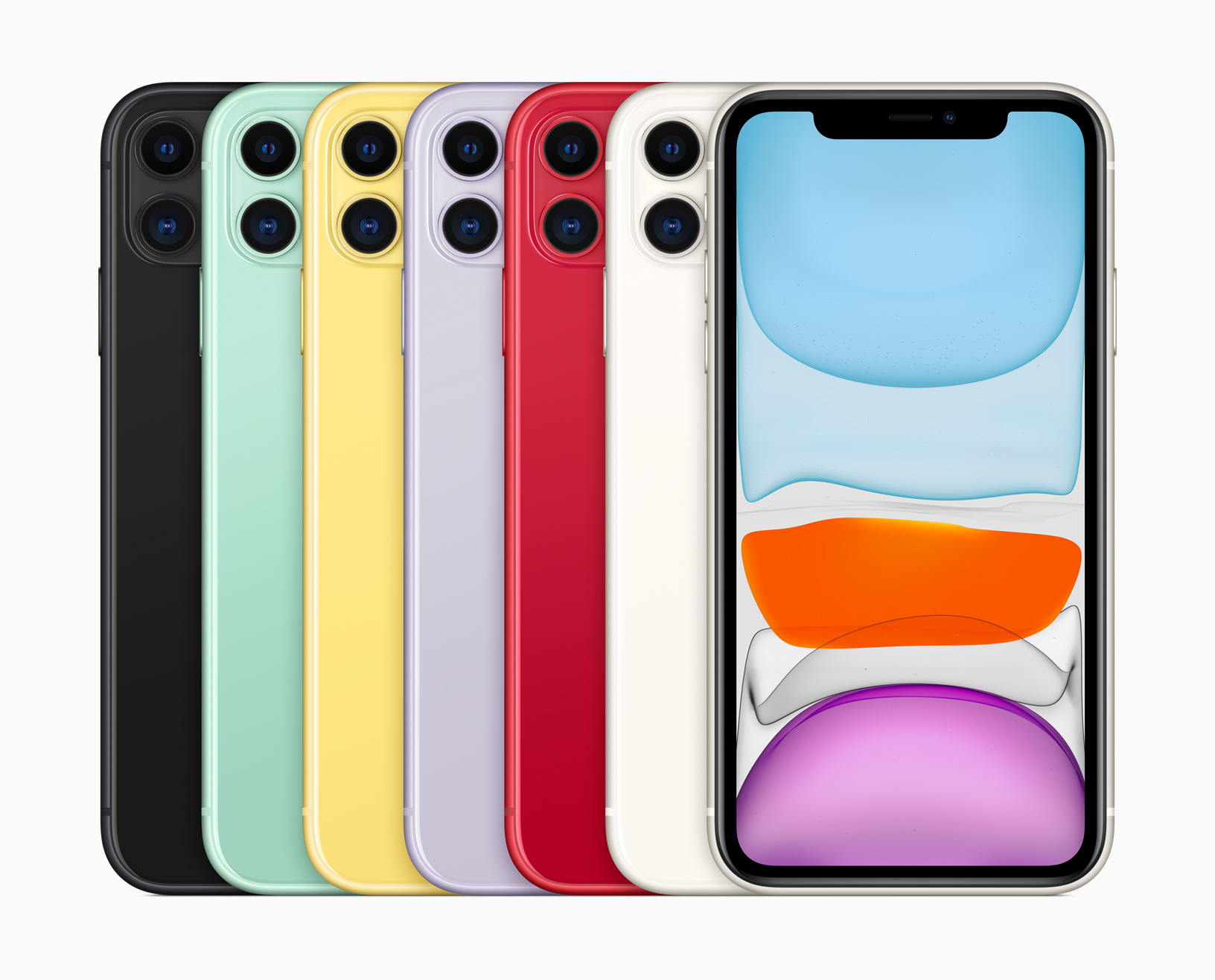 Seven iPhone 11 models in different colors.