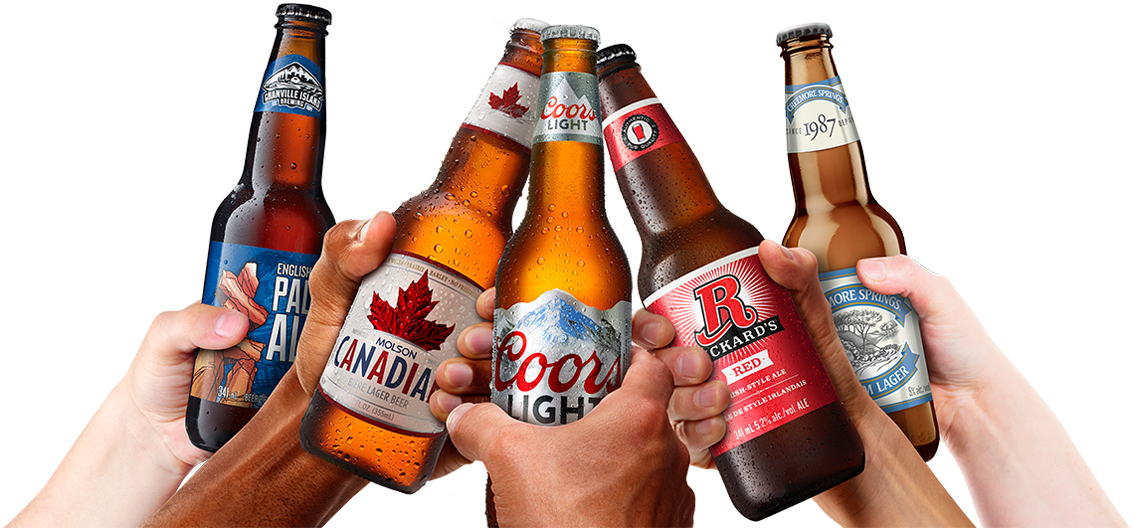 People holding up bottles of various Molson Coors beer brands