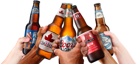 People holding up bottles of various Molson Coors beer brands