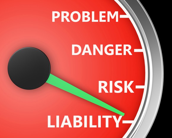A dial with points that say danger, problem, risk, and liability with a green pointer on liability.
