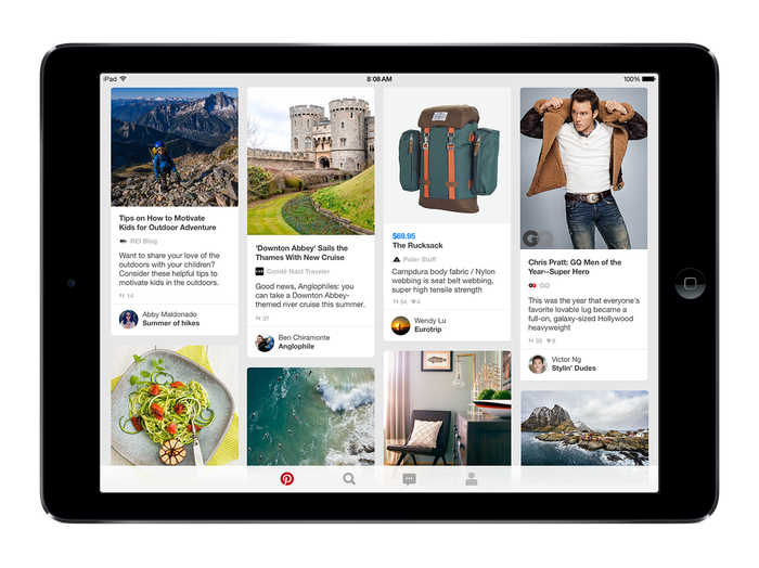 Black tablet screen showing various Pinterest topic categories.