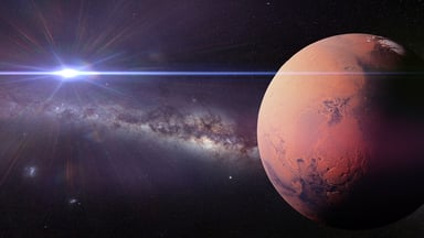 Planet Mars with Sun and Milky Way in background