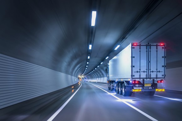 A truck in a tunnel.
