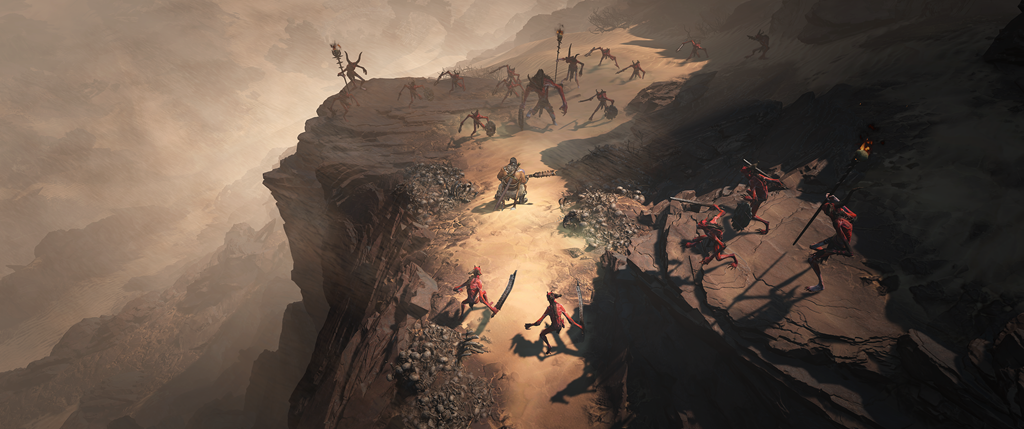 A screenshot from Activision Blizzard's Diablo IV featuring a player battling enemies on a cliff.