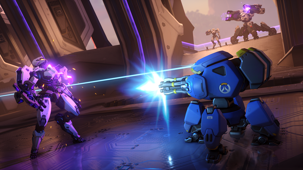 A screenshot from Activision Blizzard's Overwatch 2 featuring players battling robot enemies. 