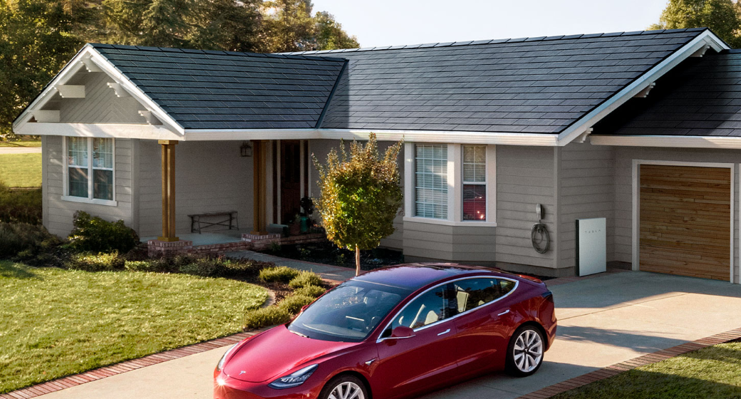 Tesla solar roof tiles as seen on a house