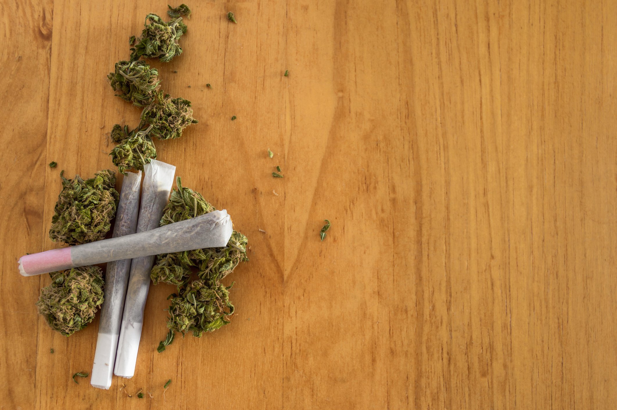 Three rolled joints lying among cannabis buds.