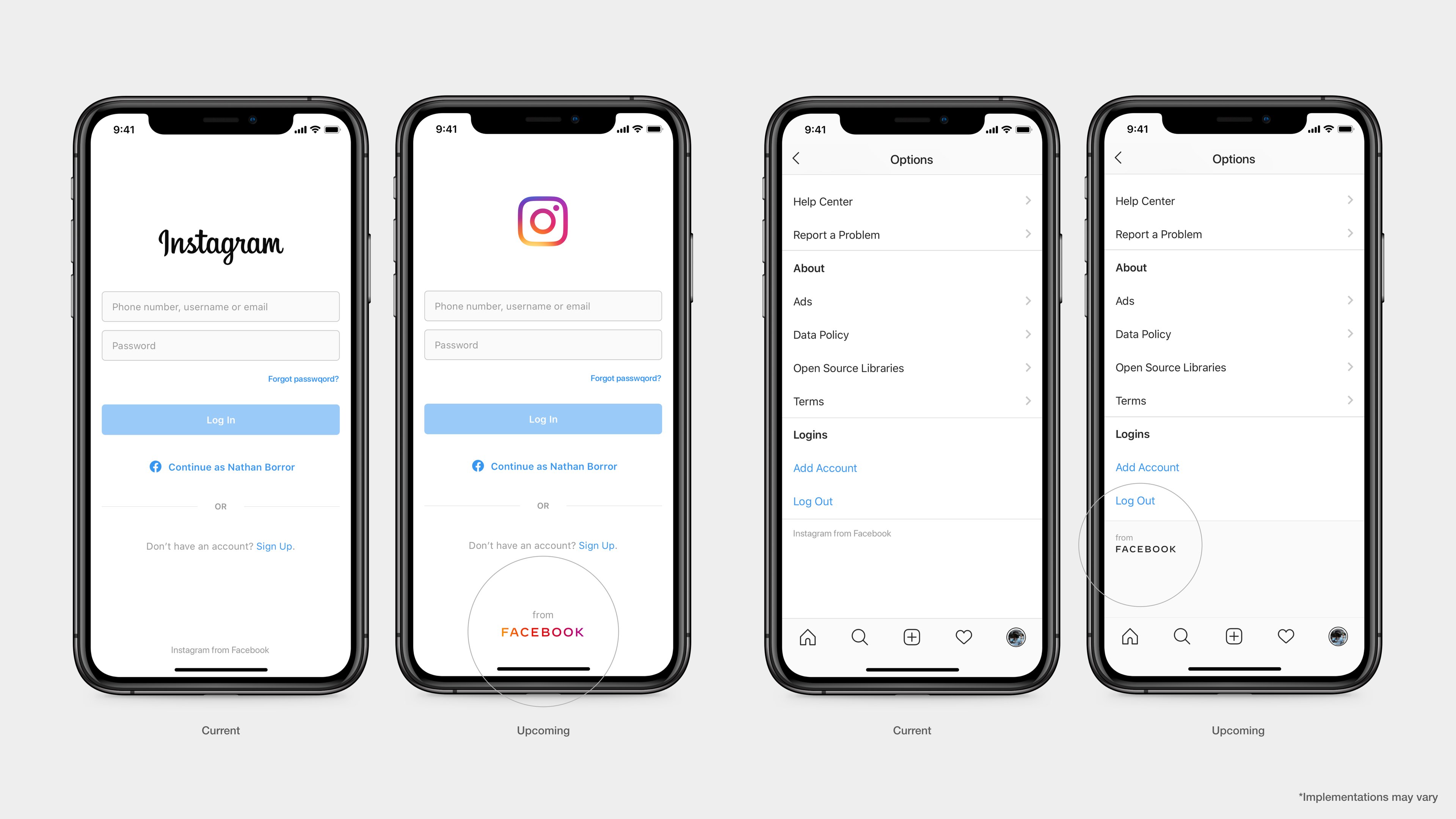 Upcoming new branding in Instagram app displayed on four smartphones