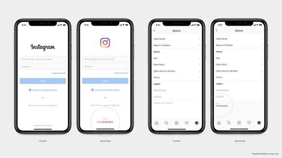 Upcoming new branding in Instagram app displayed on four smartphones