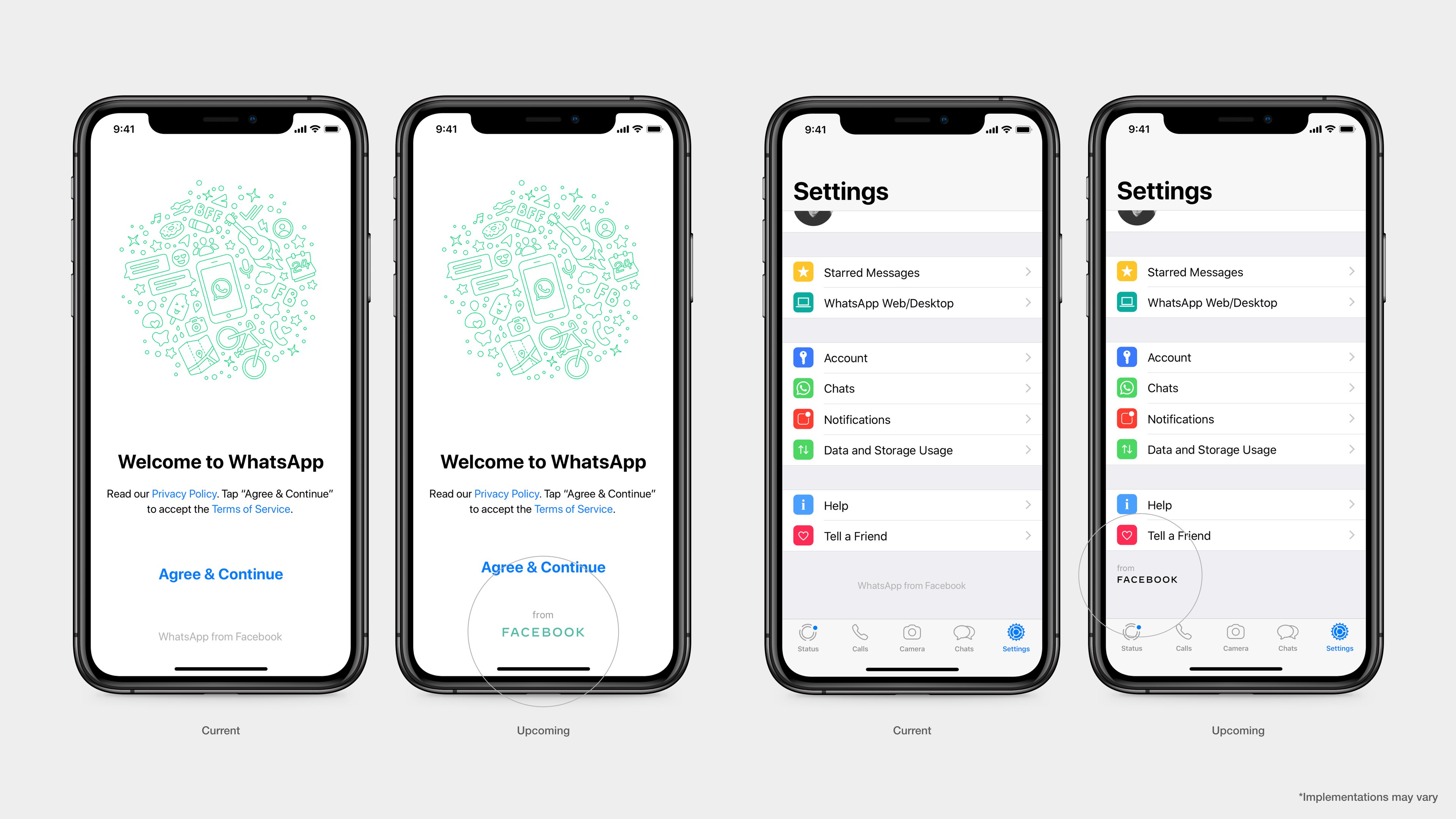 Upcoming new branding in WhatsApp displayed on four smartphones