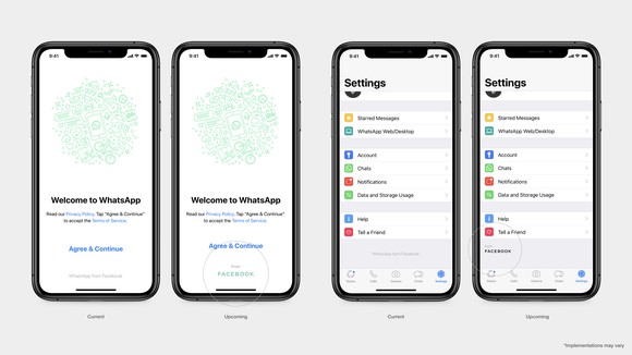 Upcoming new branding in WhatsApp displayed on four smartphones