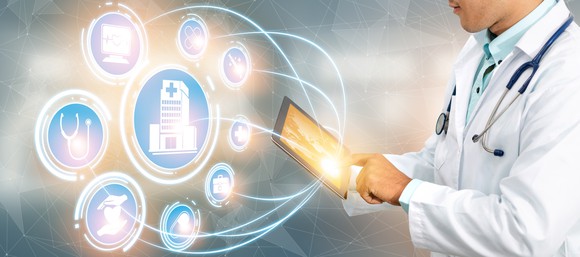 Medical app icons connected by curved lines to the screen of a tablet.