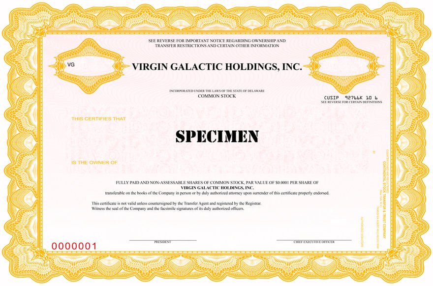 Virgin Galactic sample stock certificate