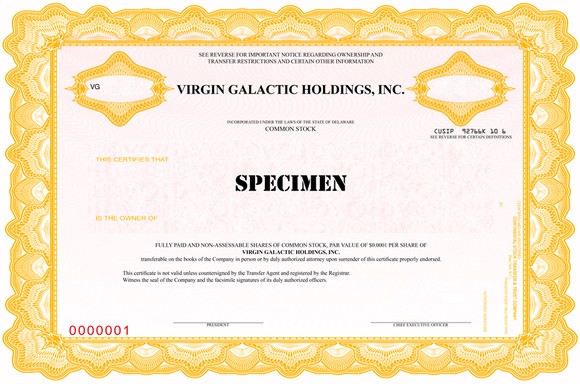 Virgin Galactic sample stock certificate