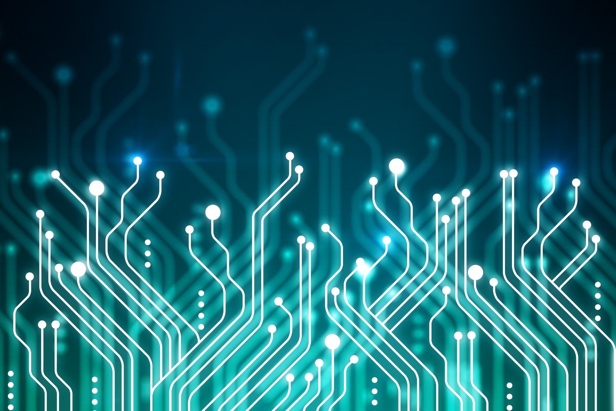 Luminous tracks of light signifying electric currents rise fromt he bottom  of the screen to the middle. 