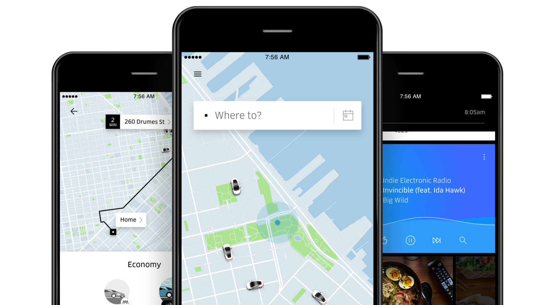 Uber app displayed on three smartphones