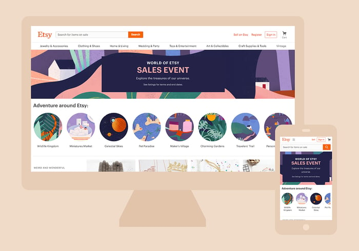 Graphic art depicting the Etsy home page on a desktop computer and a smartphone.